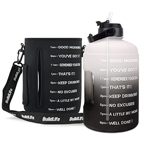 QuiFit 1 Gallon Water Bottle - with Straw & Motivational Time Marker Leak-Proof BPA Free Reusable Gym Sports Outdoor Large(128OZ/73OZ) Capacity Water Jug - color: QFC2 Gray/Black with Sleeve, size: 128 Ounces