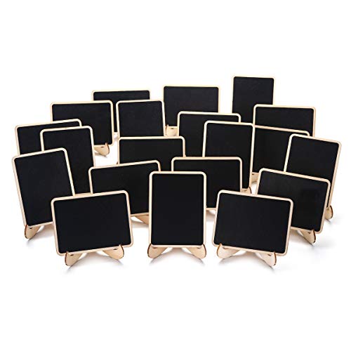 20 Pack Wooden Mini Chalkboard Signs with Easel Stand, 4x3 Inch Small Tabletop Chalkboard for Food Labels, Wedding Place Cards, Party Buffet - Reusable, with Replacement Stickers & Storage Box - color: A: Rectangle Edge Mini Chalkboards
