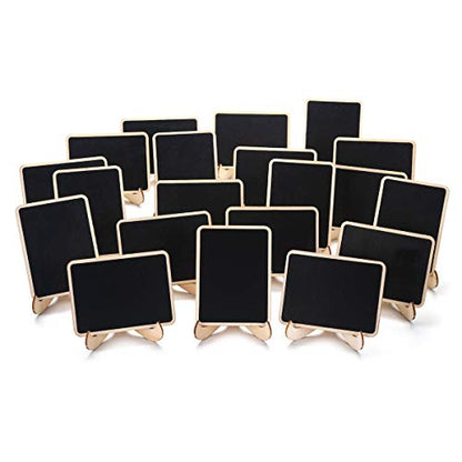 20 Pack Wooden Mini Chalkboard Signs with Easel Stand, 4x3 Inch Small Tabletop Chalkboard for Food Labels, Wedding Place Cards, Party Buffet - Reusable, with Replacement Stickers & Storage Box - color: A: Rectangle Edge Mini Chalkboards
