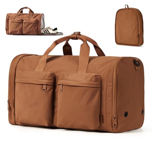 Foldable Gym Bag for Women Men with Shoes Compartment, 3 in 1 Carry on Travel Duffel Bag with Trolley Sleeve, Lightweight&Water Resistant Duffel Bag for Travel, Sports, Fitness&Workout,Warm Brown - color: Warm Brown, size: 19 Inch (32L)