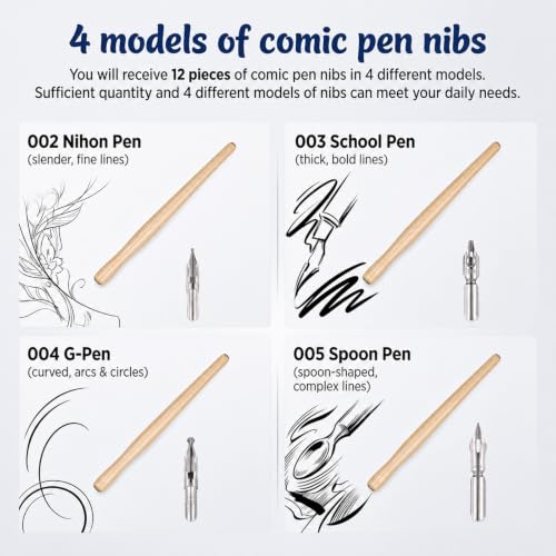 Styquenzer Dip Pen Nibs with Wooden Drawing Pens Holder 10 Pcs | Calligraphy Dip Pen Nibs Holders with Stainless Steel Nib Dip-Pens for Writing, Painting, Signing
