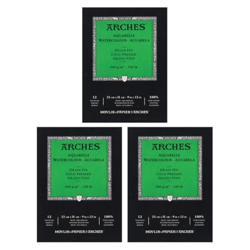 Arches Watercolor Paper Pad, 140 Pound, Cold Press, 9"x12", 12 Sheets/Pack, Case of 3 Packs - size: 9"x12" (Pack of 3), style: Cold Press