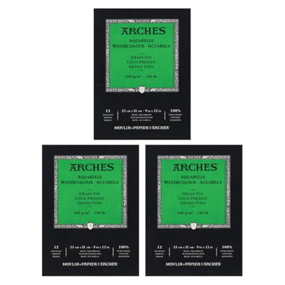 Arches Watercolor Paper Pad, 140 Pound, Cold Press, 9"x12", 12 Sheets/Pack, Case of 3 Packs - size: 9"x12" (Pack of 3), style: Cold Press