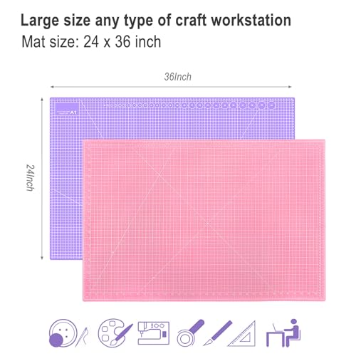 Double Sided Sewing Self Healing Cutting Mat 24 x 36 Inches, A1 Size Craft Sewing Cutting Mat for Crafts and Fabric, Purple & Pink Design