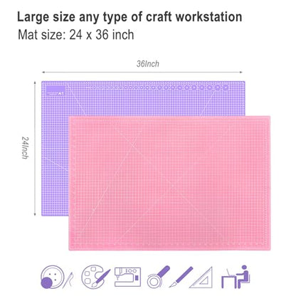 Double Sided Sewing Self Healing Cutting Mat 24 x 36 Inches, A1 Size Craft Sewing Cutting Mat for Crafts and Fabric, Purple & Pink Design