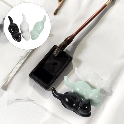 Ceramic Paint Brush Holder - 3-Piece Cat Shape Set | Multifunctional Rest Stand for Artist Brushes, Calligraphy Pens, Chopsticks & Kitchen Utensils | Black, White, Green