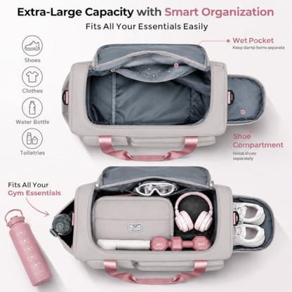 FIORETTO Women's Gym Duffle Bag with Shoes Compartment, 30L Capacity, Ideal for Travel, Gym, Sports, Duffel, Weekender - color: Grey & Pink, style: Gym Bag With Toiletry Bag