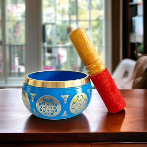 Nature's Own Tibetan Singing Bowl Set- Easy to Play- Meditation Sound Bowl Handcrafted in Nepal for Yoga, Mindfulness, Chakra Healing, Stress Relief- Spiritual Gifts for Women and Men (3.5 Inch, Blue) - color: Blue