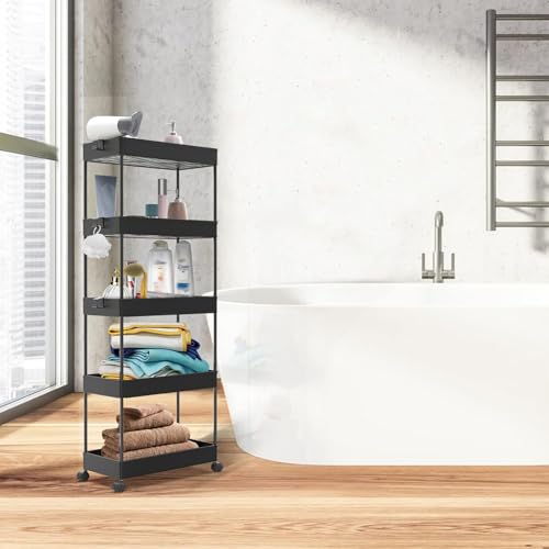 SPACEKEEPER 5 Tier Storage Rolling Cart, Bathroom Cart with Wheels, Black - color: Black, size: 5 Tier