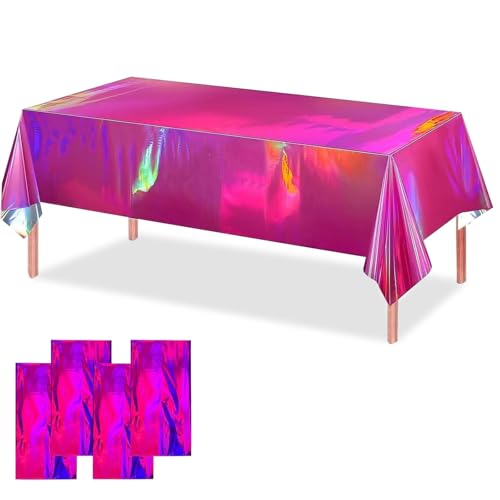OQOQ Iridescent Hot Pink Table Cloths (Rose Red,4 Packs), 54x108 Inches Shiny Disposable Tablecloth Rectangular Plastic Table Cover for Birthday Bachelorette Princess Party - color: Rose Red