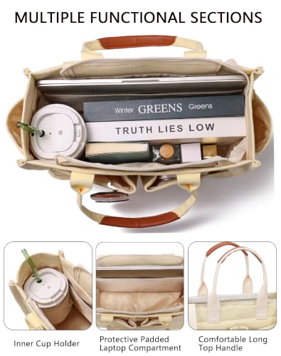 ZHMO Canvas Tote Bag for Women,Women's Bags Crossbody Bags Work Laptop Tote Bag Large Handbags Purse for Travel Nurse Teacher - color: New Upgrade Beige With Compartments and Side Cup Holders
