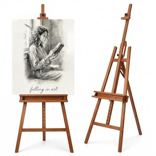 Large A-Frame Solid Beechwood Studio Easel for Painting | Adjustable Artist Easel with Storage Drawer, Display Easel Stand Holds Canvas Up to 48 Inches, Brown - style: Brown