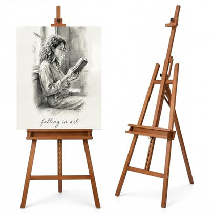 Large A-Frame Solid Beechwood Studio Easel for Painting | Adjustable Artist Easel with Storage Drawer, Display Easel Stand Holds Canvas Up to 48 Inches, Brown - style: Brown