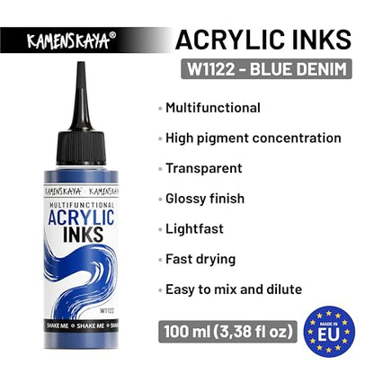 Acrylic Inks for Artists - Blue Denim Acrylic Ink, 3.38 Fl Oz (100 ml) | Highly Concentrated, Multifunctional Liquid Acrylic Paint - color: Blue Denim