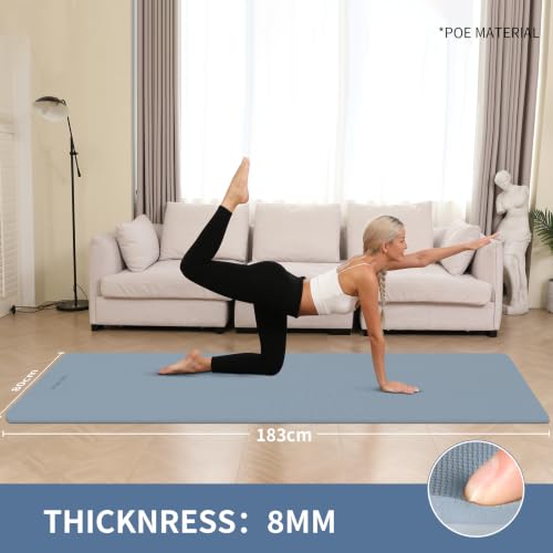 Extra Wide & Thick 8mm Yoga Mat, 72"x31.5" | Large Non Slip Exercise Mat, Premium POE Material, Superior Cushioning & Stability, With Strap for Home Gym, Pilates - color: Haze Blue