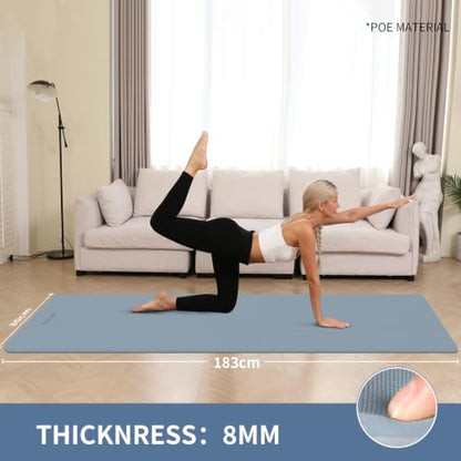 Extra Wide & Thick 8mm Yoga Mat, 72"x31.5" | Large Non Slip Exercise Mat, Premium POE Material, Superior Cushioning & Stability, With Strap for Home Gym, Pilates - color: Haze Blue