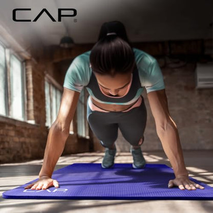 CAP 1/2" Thick Yoga Mat, Exercise & Workout Mat with Strap, Blue | Latex-free NBR foam cushions knees and joints for Pilates, stretching, core training, floor exercises and home fitness.