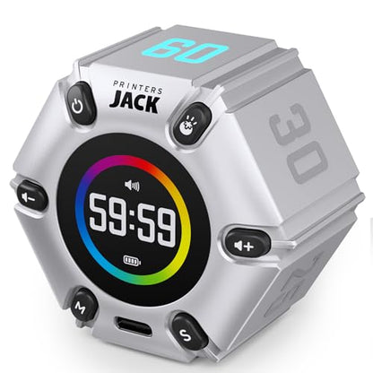 Printers Jack Pomodoro Timer - Productivity Cube, Visual Focus Timer, Mute & Vibration & Adjustable Sound Alert, for Office, ADHD, Study, Work, 3/5/10/25/30/60min & Custom Countdown - Silver - color: Silver