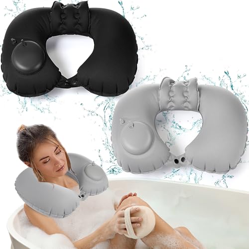 Colingmill 2 Pcs Inflatable Bath Pillows for Tub, U-Shaped Neck & Head Support Cushion, Portable Blow Up Travel Neck Pillow with Adjustable Button for Airplanes & Home Spa(Grey, Black) - color: Grey, Black