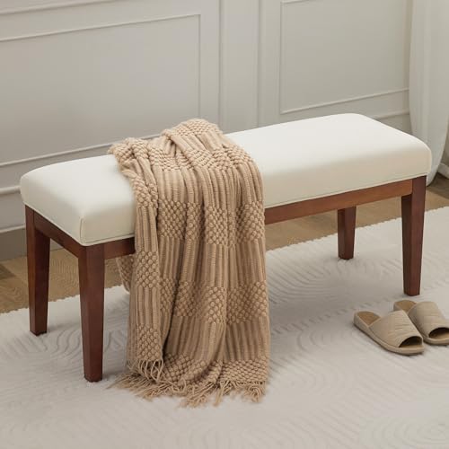 WUTUTUEE 43.5'' Linen Bedroom Bench, Upholstered End of Bed Bench, Padded Vintage Dining Bench, Entryway Bench with Solid Wood Legs, Kitchen, Living Room, Hallway, White - color: White-linen