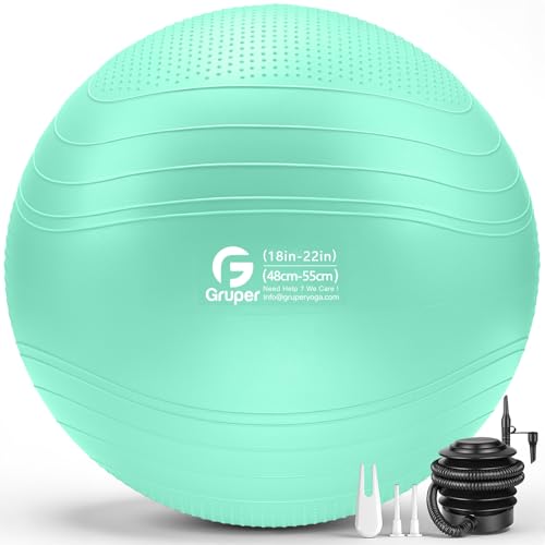 Gruper Yoga Ball, Extra Thick Non Slip Exercise Ball for Workout, Yoga, Pregnancy, 4 Sizes Anti Burst Chair for Home and Office, Includes Foot Pump & Fitness Guide - color: ['Teal'], size: 22 Inch (55cm),m