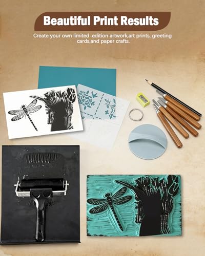 UCEC 38Pcs Linocut Kit with 12 Carving Tools, Brayer, Baren & Lino Blocks | Complete Block Printing Starter Set for Beginners, Includes 12 Wood Handle Carving Tools, A5 Linoleum Blocks, Brayer & Baren - color: Block Printing Kit-38 Pack