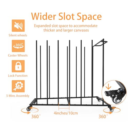 Heavy-Duty Art Storage Rack for 57" Artwork - Canvas Drying Rack & Mobile Display Stand with Locking Casters, Metal Frame - Organizer for Artists, Framers, Studios, Vendors