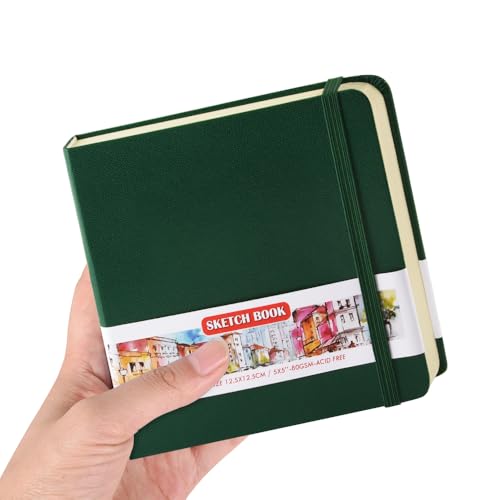 5x5 Pocket Sketch Book,80gsm Hardcover Art Sketchbook for Drawing Journal | PU Cover,Blank Paper,96Sheets/192Pages,Lay-Flat,Portable Travel Creation Paint Diary Memo Planner,Dry Media.Dark Green - color: PU Cover-5x5in-Dark Green