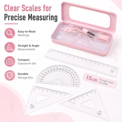 7Pcs Pink Geometry Math Drawing Set with Compass, Protractor, Rulers, Drafting Tools in Portable Box for Students