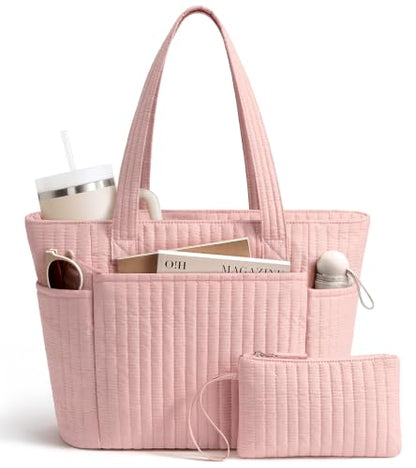 Bagstellar Quilted Tote Bag for Women Teacher Nurse Cotton Laptop Work Tote | Top Zip Closure Puffer Nursing School Travel Tote Bags with 40oz Cup Holder, Lightweight 14” Computer Shoulder Handbag Purses - color: Pink