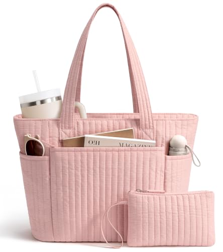 Bagstellar Quilted Tote Bag for Women Teacher Nurse Cotton Laptop Work Tote | Top Zip Closure Puffer Nursing School Travel Tote Bags with 40oz Cup Holder, Lightweight 14” Computer Shoulder Handbag Purses - color: Pink