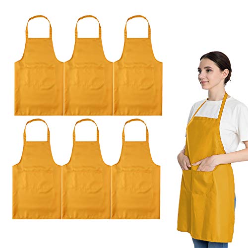 Total 6PCS Yellow Apron for Adult Women Unisex Durable Comfortable with 2 Front Pocket Washable Plain Color Bib Chef Apron for Cooking Baking Kitchen Restaurant Crafting Painting Party - color: Yellow