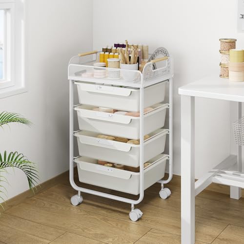 SYKIARIOL 4-Drawer Rolling Storage Cart with Mesh Top,White | Utility Craft Organizer Cart on Wheels with 4 DIY Labels, Rolling Drawer Cart for Home Office Classroom Bedroom - color: Cream White