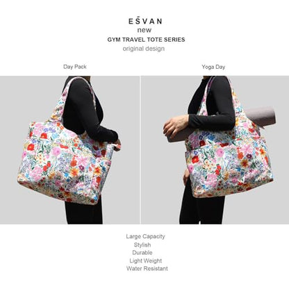 ESVAN Yoga Tote Bag Mat bag Women Shoulder Bags Carryall Tote for Travel Office Workout Gym Nurse Beach - color: Canvas Pink Flower