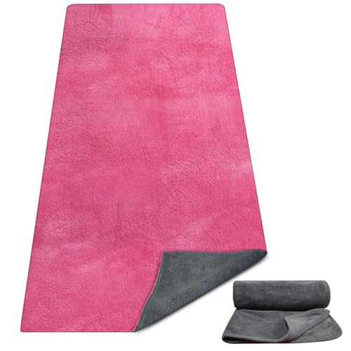 Yoga Mat Towel, Extra Thick (600GSM) Soft Hot Yoga Towel, Non-Slip and Sweat Absorbent for Hot Yoga, Bikram, Pilates, and Fitness, 72" x 27.5", Dual-Color, Grey/Pink - color: Dark Pink, size: 72"x27.5"