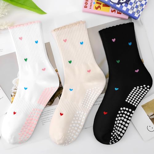 Women's Pilates Grip Socks, Ruffle Non Slip Bow Pattern Yoga Socks | Grippy, Frilly Trim, Embroidery, Crew Length, Soft Cotton, Arch Support, for Barre Ballet Dance Workout Hospital Home Gifts - color: D01-white + Black