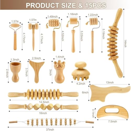 15 Pcs Wood Therapy Massage Tools Set, Wooden Rollers, Gua Sha & Facial Massage Tools for Body Sculpting and Self Care, Full Body Home Spa Kit - color: 15pcs