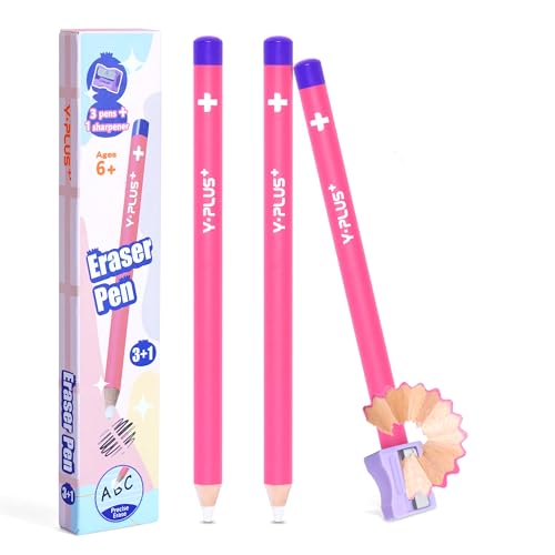 YPLUS Detail Eraser Pencils with Sharpener, Pink, School Supplies, 3 Pcs | Fine Detail Erasing, Sharpener Included, for Sketching, Charcoal Drawings, Pencil Work, and Geometry - color: Pink