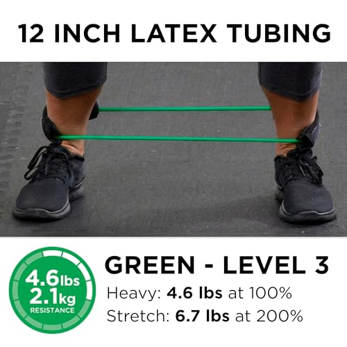 THERABAND Resistance Tubes, 12" Padded Cuffs, Green, Heavy, Level 3 | Professional TheraBand elastic resistance for exercise, physical therapy and at-home workouts - color: Level 3 / Heavy - Green