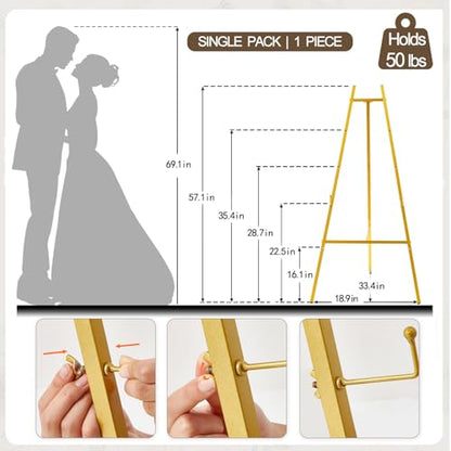 57.1" Gold Easel Stand for Sign,Tall Heavy Duty Display Easel | Folding Metal Easel for Wedding Welcome Sign,Poster，Mirror, Painting，Art Display, Photo, 4-Tier Height ，Adjustable Chain - size: high--57.1"