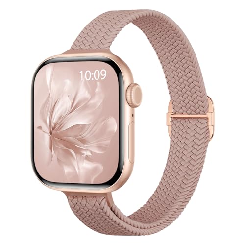 Slim Braided Stretchy Band Compatible with Apple Watch Bands Women | 40mm 41mm 42mm 38mm 44mm 45mm 46mm 49mm Thin Elastic Nylon Solo Loop Strap ,Wristband for iWatch Series 11 10 9 8 7 6 5 4 SE - color: Pink, size: 38/40/41/42mm
