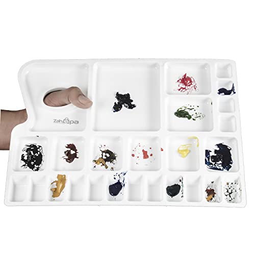 Zahepa Watercolor Palette Tray with Thumb Hole, 20 Wells, Paint Mixing Box | Travel-Friendly Design With Thumb Hole, 16 Color Compartments, 8 Mixing & 2 Water Storage Areas - style: Rectangle - 16 Compartments