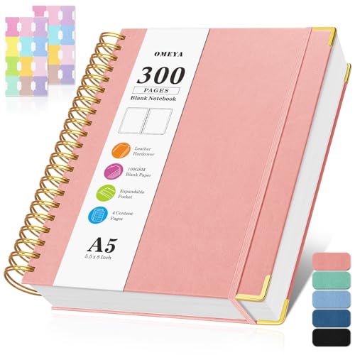 Blank Spiral Notebook: Leather Sketch Book, Unlined Notebook for Women Men | 300 Pages, Hardcover 100GSM Thick No Bleed Paper Journal, A5 Small Art Sketchbook for Drawing Writing Work, 5.5" x 8", Pink - color: Pink, size: A5