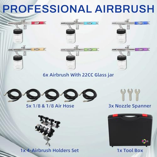 OPHIR 6X 0.35mm Dual Action Airbrush Gun Set for Body Art Painting | Includes 6 Siphon Feed Airbrushes, 5 Nylon Air Hoses, and Airbrush Holder For Crafts, Art, Model Hobby Painting, Artwork - color: 6x Siphon Feed Airbrush+5x Airbrush Hose+Holder