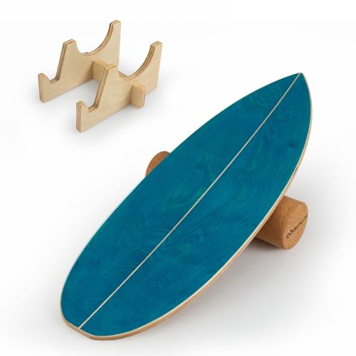 Goplus Balance Board Trainer for Adults, Wooden Balancing Board with Cork Roller and Storage Rack to Exercise and Build Core Strength, Wobble Board for Skateboard, Snowboard - color: Blue + Natural