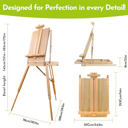 CONDA Large Wooden French Easel and Sketchbox Easel, Adjustable Tripod Easel Stand with Drawer and Palette for Artist, hobbyists, Professionals, Ideal Easel for Painting, Sketching, and Display - color: Gold