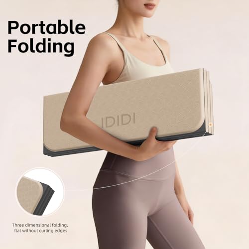 Foldable Yoga Mat Extra Thick 0.32"(8mm) | Folding Exercise Mat,Odorless POE, Non-Slip Grip, No-Curl Edges, Great for Yoga, Pilates & Home Workouts - color: Beige-Pattern