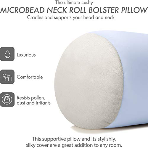 Microbead Bolster Neck Roll Pillow, 14x8 in Cylinder Tube, Silver Mist | Silky feel fabric helps prevent wrinkles & hair breakage; feather-light beads gently cushion head & shoulders as you rest - color: Silver Mist