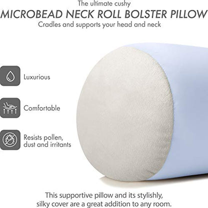 Microbead Bolster Neck Roll Pillow, 14x8 in Cylinder Tube, Silver Mist | Silky feel fabric helps prevent wrinkles & hair breakage; feather-light beads gently cushion head & shoulders as you rest - color: Silver Mist