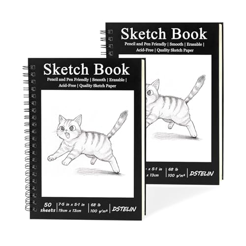 DSTELIN 2 Pack Spiral Bound Sketchbooks (100 GSM Sketch Paper), 50 Sheets per Pack, 7.5" x 5.1" Sketchbook with Black Hard Cover for Painting, Drawing and Sketching